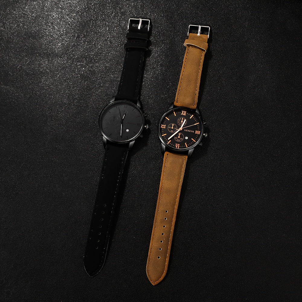 2-Piece Luxury Men's Leather Strap Quartz Watch Set with Calendar - Perfect Gift for School, Graduation, or Any Occasion - PU Leather Strap, Non-Waterproof, Analog Display, Alloy Case