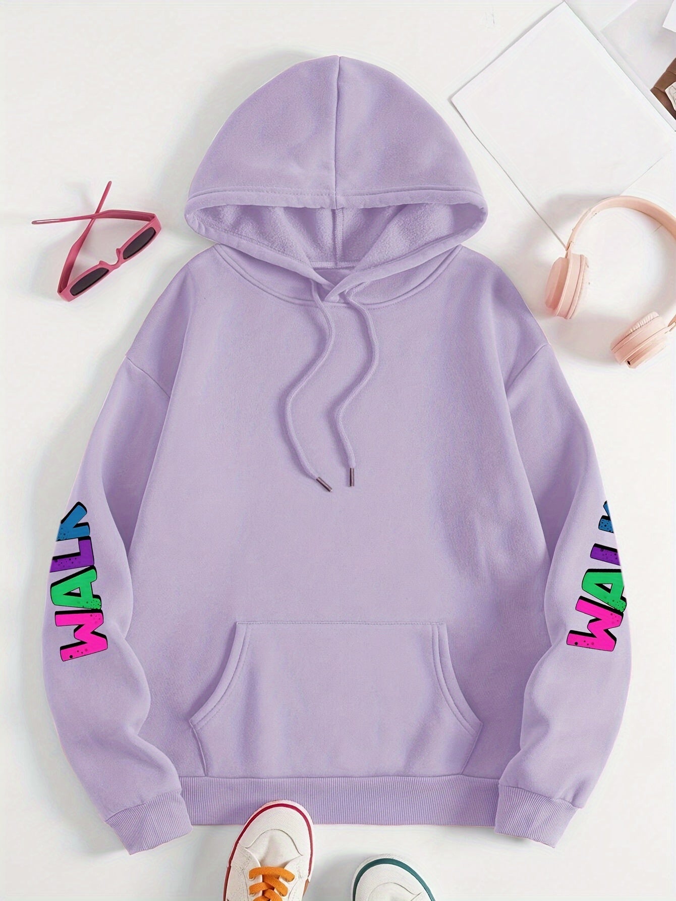 Plus Size Women's Hoodie with Colorful Walk Shoes Print - Casual Long Sleeve Pullover with Pocket, Cozy Polyester Hooded Sweatshirt for Fall & Winter, Fall Fashion Hoodie|Vibrant Shoe Design|Machine Washable Top