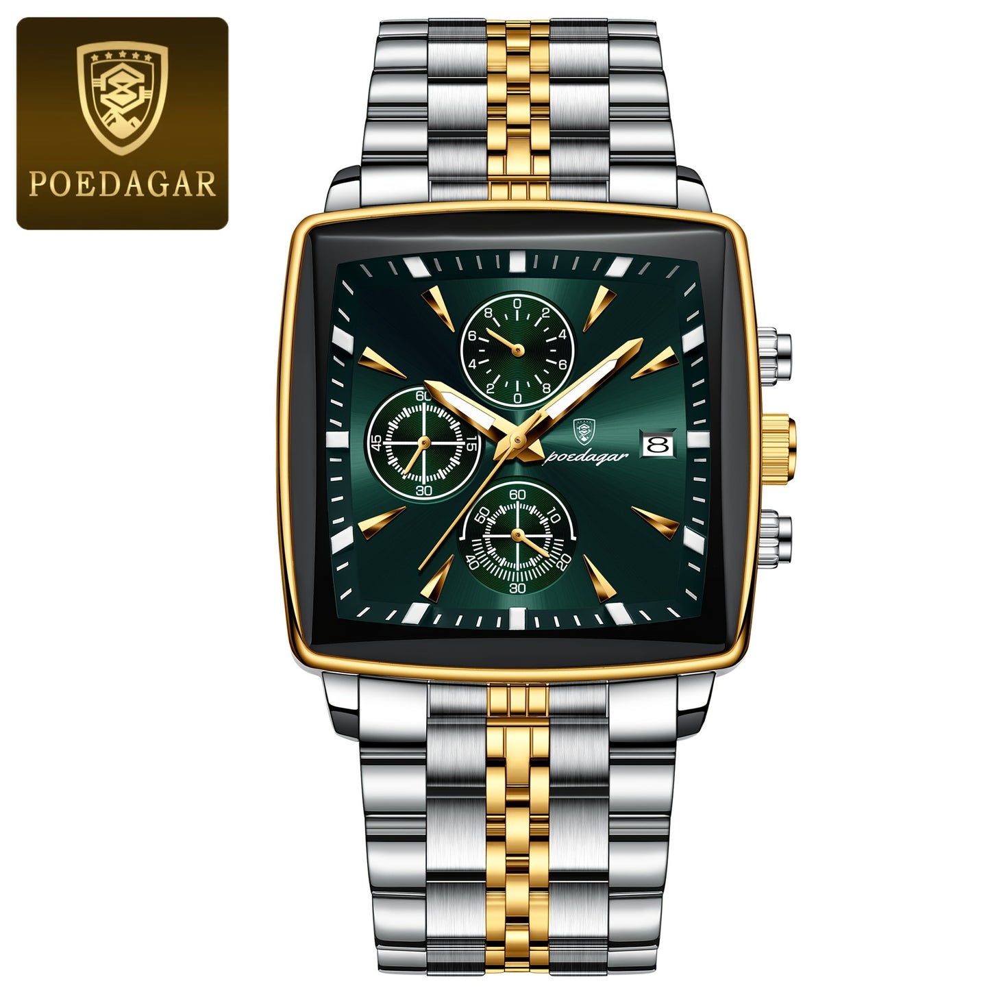 POEDAGAR Men'S Business Quartz Watch, Stainless Steel Square Dial, Luminous Hands, Date Calendar, Battery Powered, with Non-Rechargeable Button Battery, for Thanksgiving & Christmas Gifts, Water Resistant