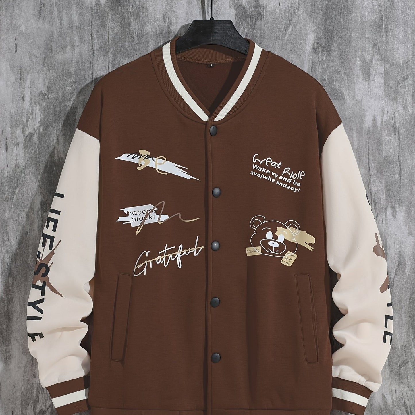 Men'S Casual Baseball Jacket, Polyester 100% Knit Fabric, Long Sleeve with Alphabet Pattern, Regular Length, Button Closure, Baseball Collar, Single Breasted Placket, Loose Fit, 200g/m² Weight - Spring/Fall Fashion