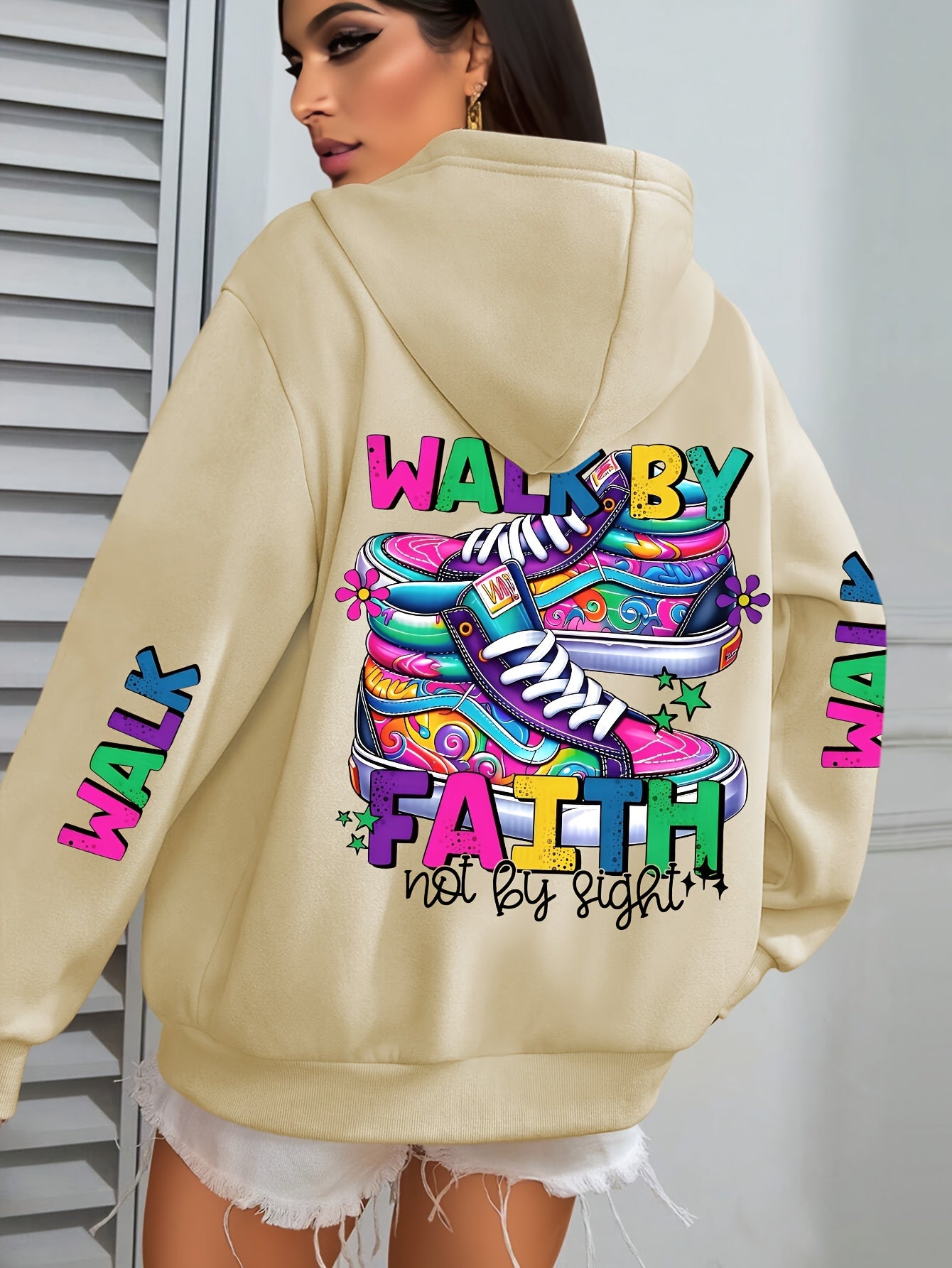 Plus Size Women's Hoodie with Colorful Walk Shoes Print - Casual Long Sleeve Pullover with Pocket, Cozy Polyester Hooded Sweatshirt for Fall & Winter, Fall Fashion Hoodie|Vibrant Shoe Design|Machine Washable Top
