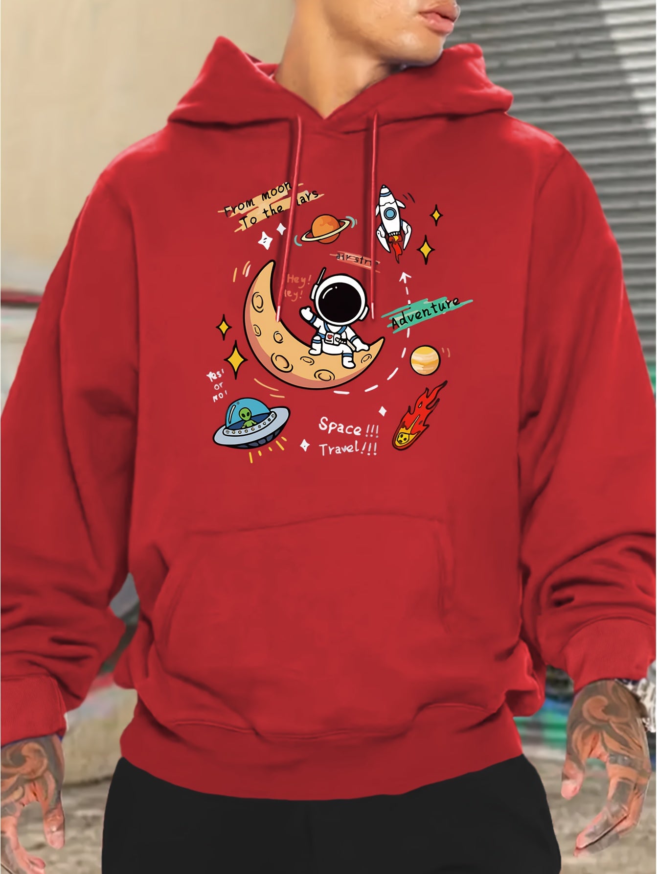 Men's Space Explorer Hoodie - Casual & Comfy Polyester Drawstring Sweatshirt with Astronaut & Planets Design, Perfect for Fall/Winter, Astronaut Decor