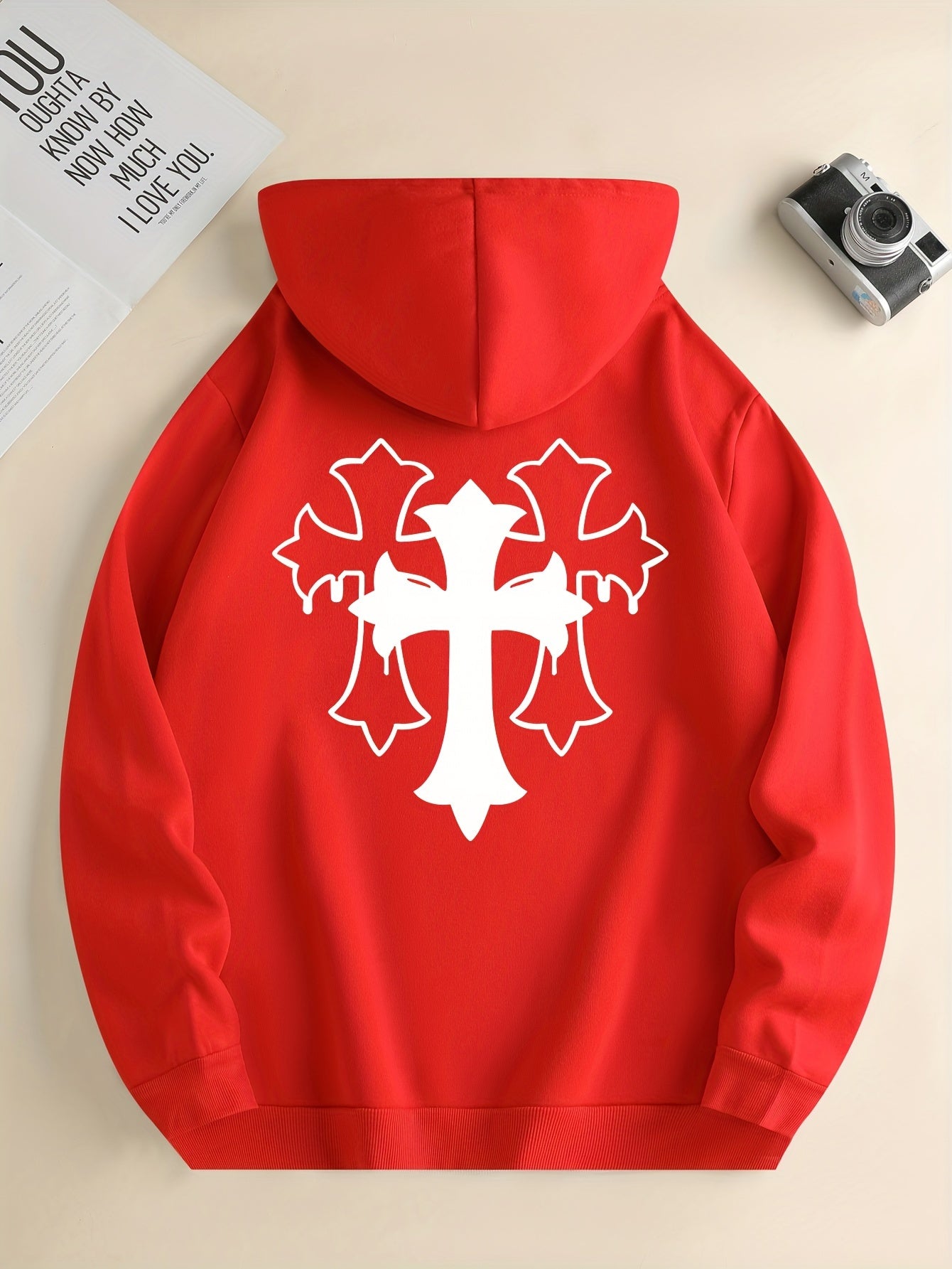 Cross Print Men's Simple Style Pullover Hoodies With Kangaroo Pocket Long Sleeve Hooded Sweatshirt Loose Casual Top For Autumn Winter Men's Clothing As Gifts