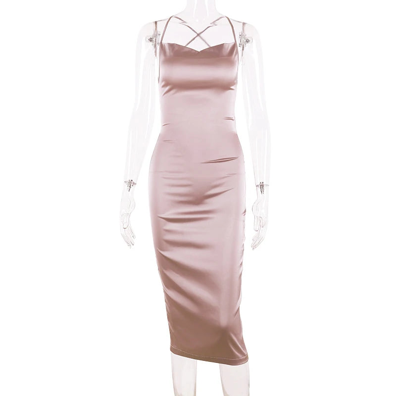neon satin lace up summer women bodycon long midi dress sleeveless backless elegant party outfits sexy club clothes clothes key
