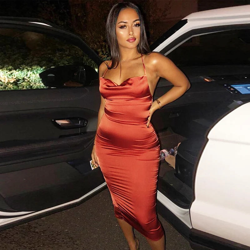 neon satin lace up summer women bodycon long midi dress sleeveless backless elegant party outfits sexy club clothes clothes key