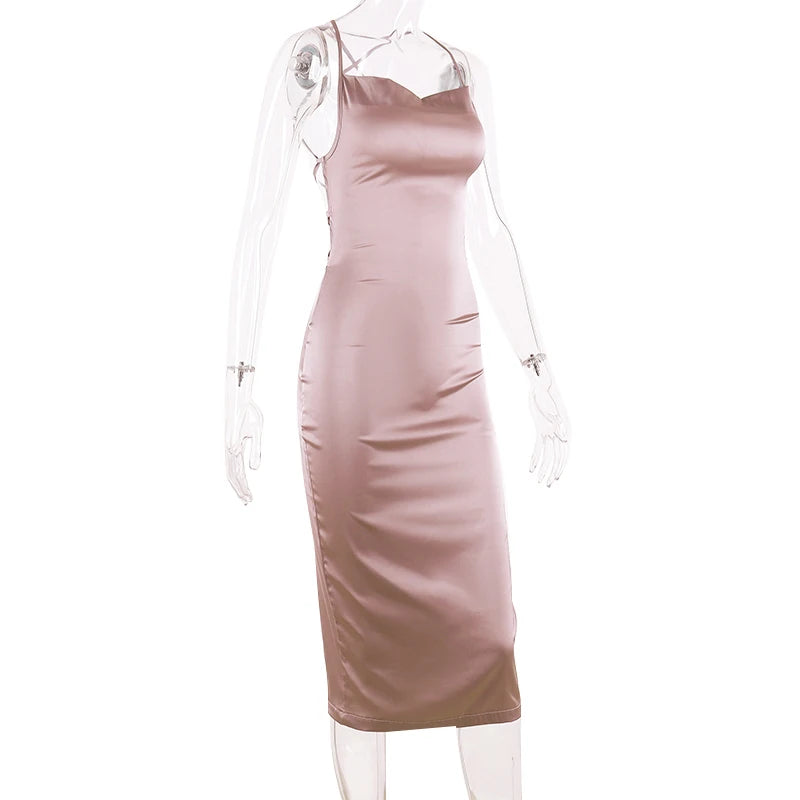 neon satin lace up summer women bodycon long midi dress sleeveless backless elegant party outfits sexy club clothes clothes key
