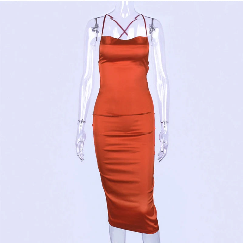 neon satin lace up summer women bodycon long midi dress sleeveless backless elegant party outfits sexy club clothes clothes key