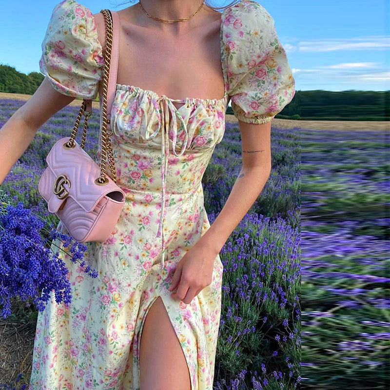 Women Floral Print Split Dress Sweet Puff Short Sleeve Square Collar Slim Fit Maxi Dress Holiday Summer Casual Sexy A-Line Dress