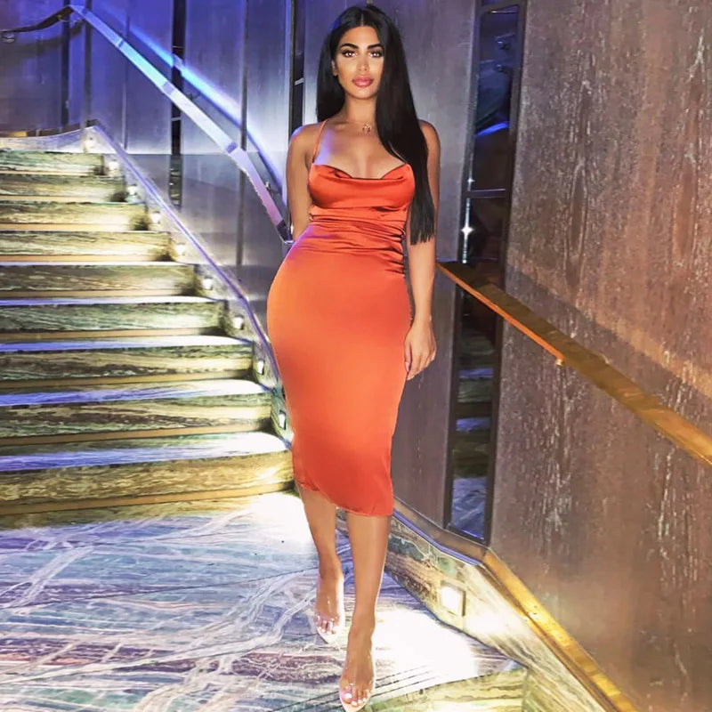 neon satin lace up summer women bodycon long midi dress sleeveless backless elegant party outfits sexy club clothes clothes key