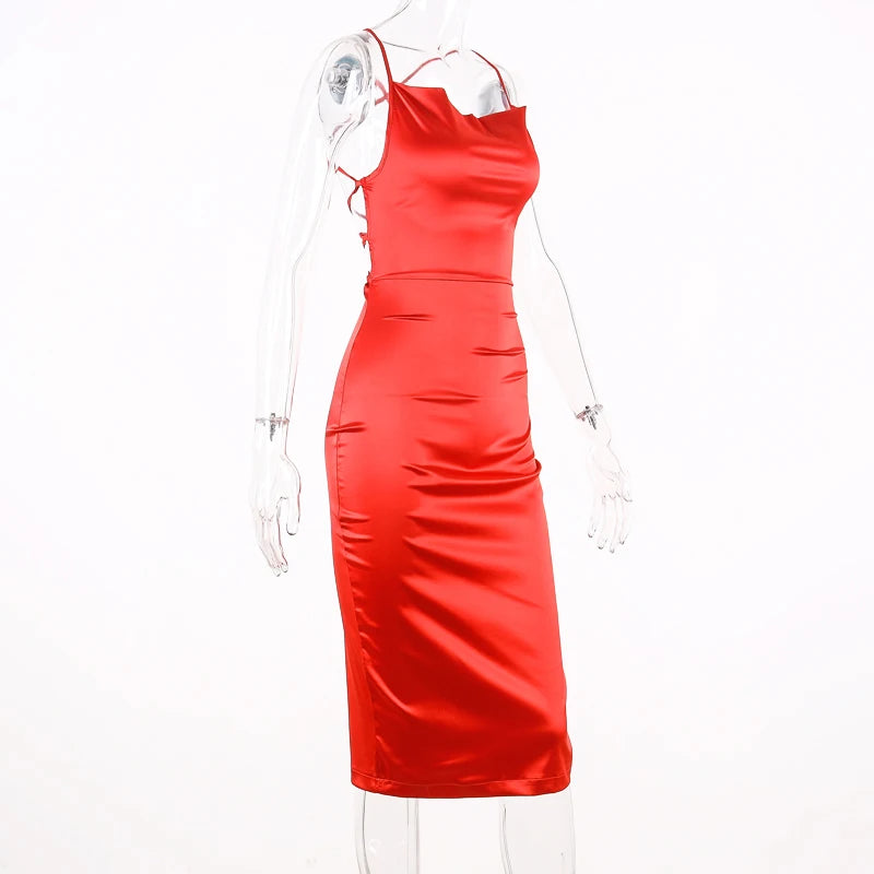 neon satin lace up summer women bodycon long midi dress sleeveless backless elegant party outfits sexy club clothes clothes key