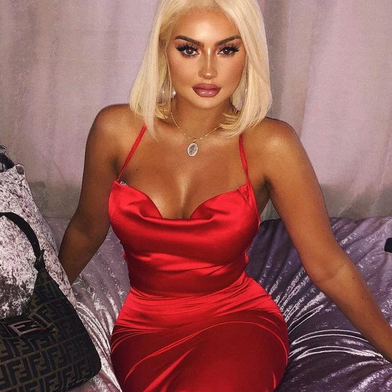 neon satin lace up summer women bodycon long midi dress sleeveless backless elegant party outfits sexy club clothes clothes key