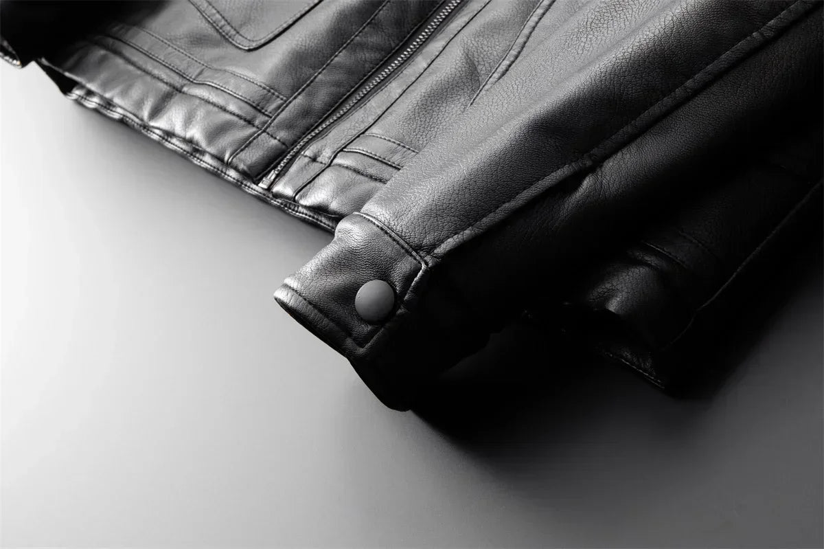 Chaqueta de cuero de negocios informal para hombre, abrigo de motociclista de polar grueso y cálido