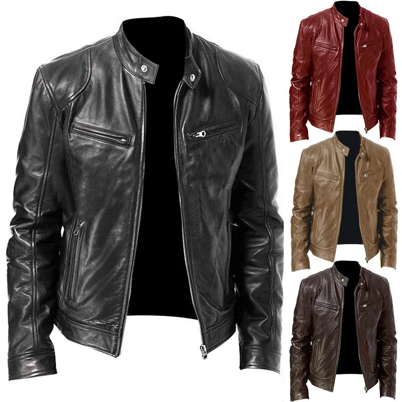 Venta caliente Otoño Nueva Chaqueta de Cuero de Motocicleta Multibolsillos para Hombres