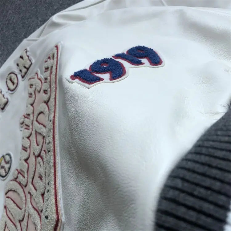 Baseball uniform Y2K men's spring and autumn retro trend leather jacket ins heavy industry embroidery white short coat hot sale
