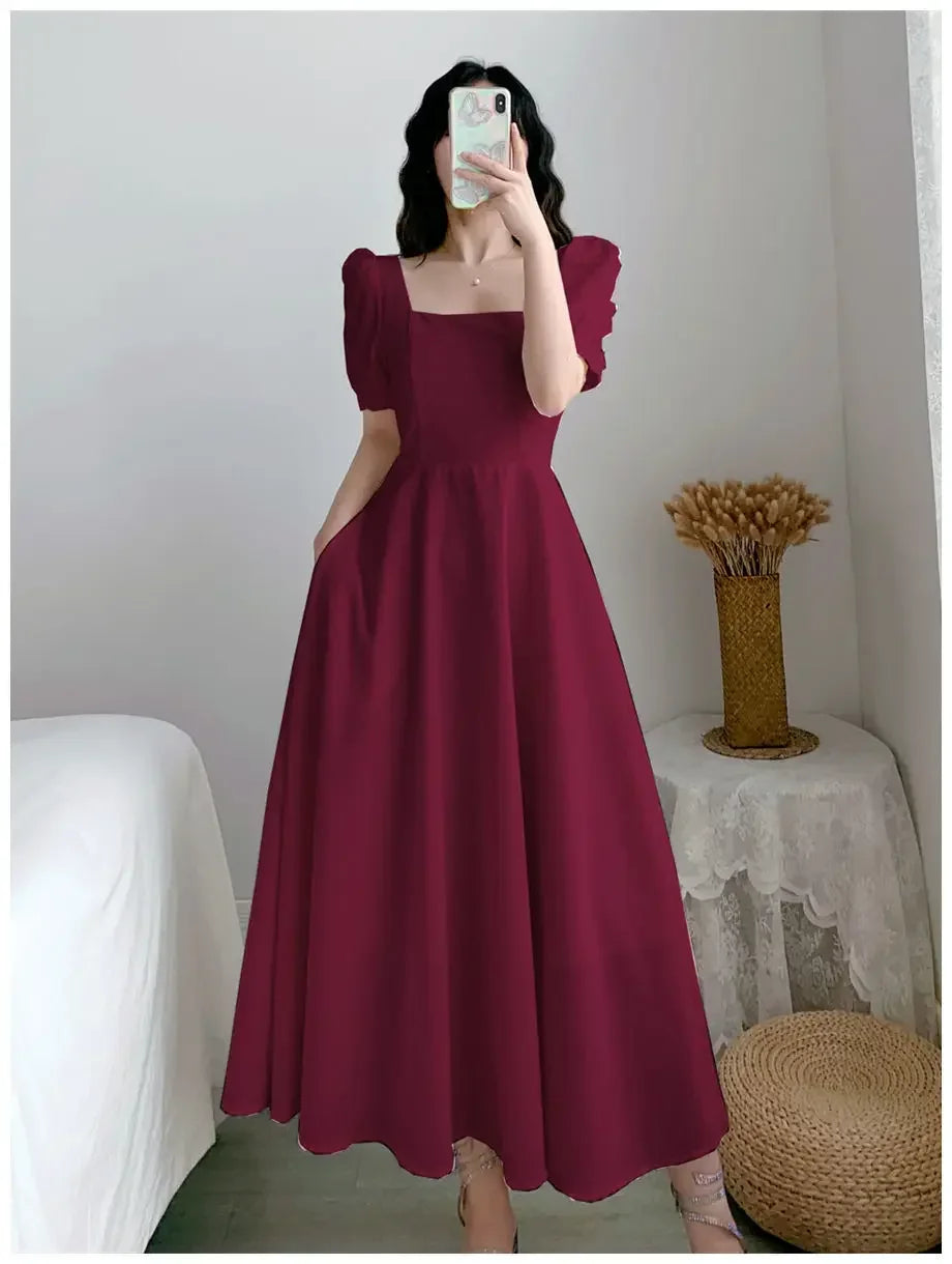 Slim Fit Women White Dress Bubble Sleeve Square Neck Light Wind Style Long Skirt Summer Casual Korean Style dresses for women