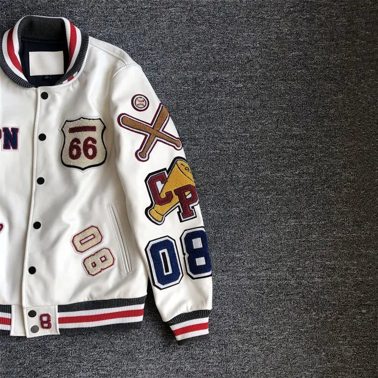 Baseball uniform Y2K men's spring and autumn retro trend leather jacket ins heavy industry embroidery white short coat hot sale