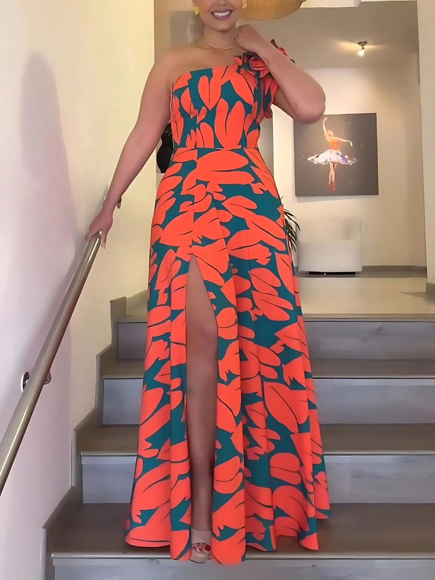 Women's Elegant Floral Printed Long Dresses, Casual Strapless, A Line Dresses, Ladies Side Split, Summer