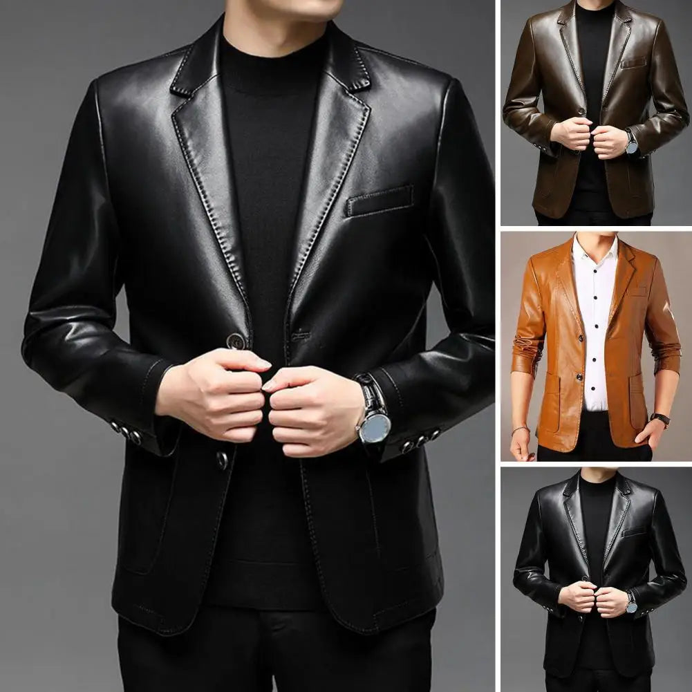 Men Jacket with Button Decoration Long-lasting Wear Men Jacket Stylish Lapel Collar Men's Leather Jacket