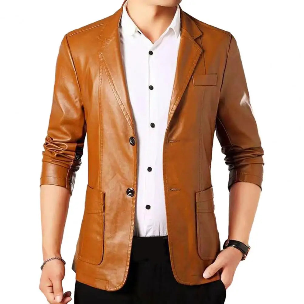 Men Jacket with Button Decoration Long-lasting Wear Men Jacket Stylish Lapel Collar Men's Leather Jacket