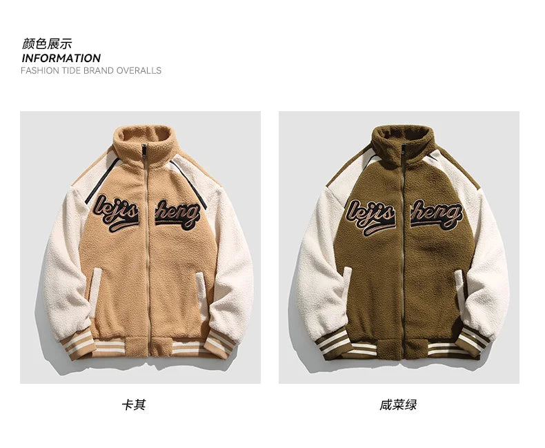 Unisex Lamb Wool Cargo Coat Men Women Cashmere Fleece Baseball Jacket Teen Couple Warm Clothing 2024 Boy Girls Varsity Techwear