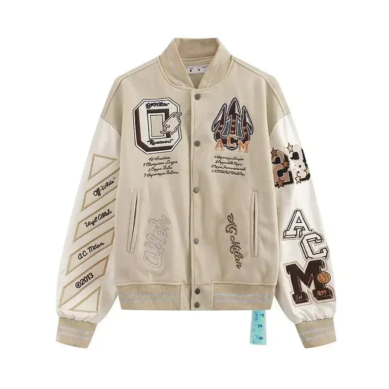 Baseball uniform Y2K men's spring and autumn retro trend leather jacket ins heavy industry embroidery white short coat hot sale