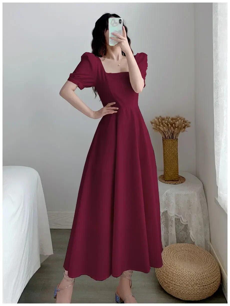 Slim Fit Women White Dress Bubble Sleeve Square Neck Light Wind Style Long Skirt Summer Casual Korean Style dresses for women