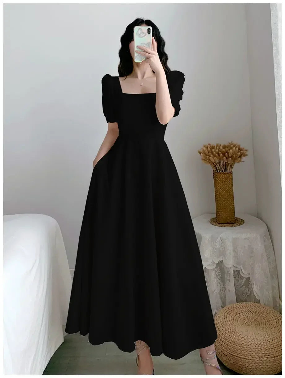 Slim Fit Women White Dress Bubble Sleeve Square Neck Light Wind Style Long Skirt Summer Casual Korean Style dresses for women