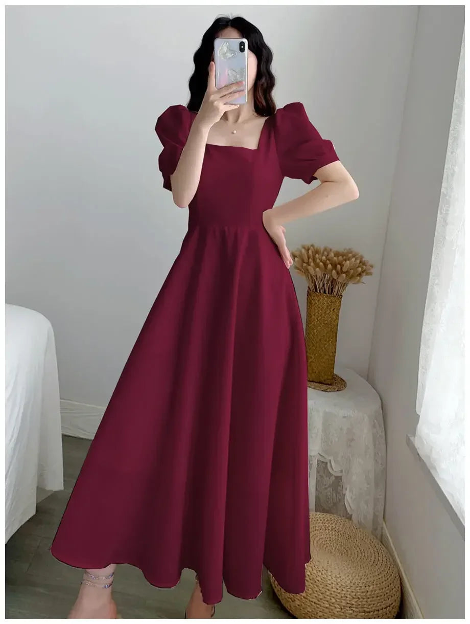 Slim Fit Women White Dress Bubble Sleeve Square Neck Light Wind Style Long Skirt Summer Casual Korean Style dresses for women