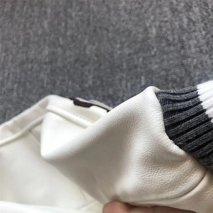 Baseball uniform Y2K men's spring and autumn retro trend leather jacket ins heavy industry embroidery white short coat hot sale