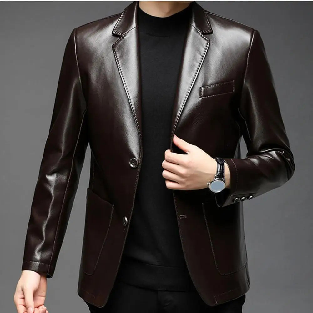 Men Jacket with Button Decoration Long-lasting Wear Men Jacket Stylish Lapel Collar Men's Leather Jacket