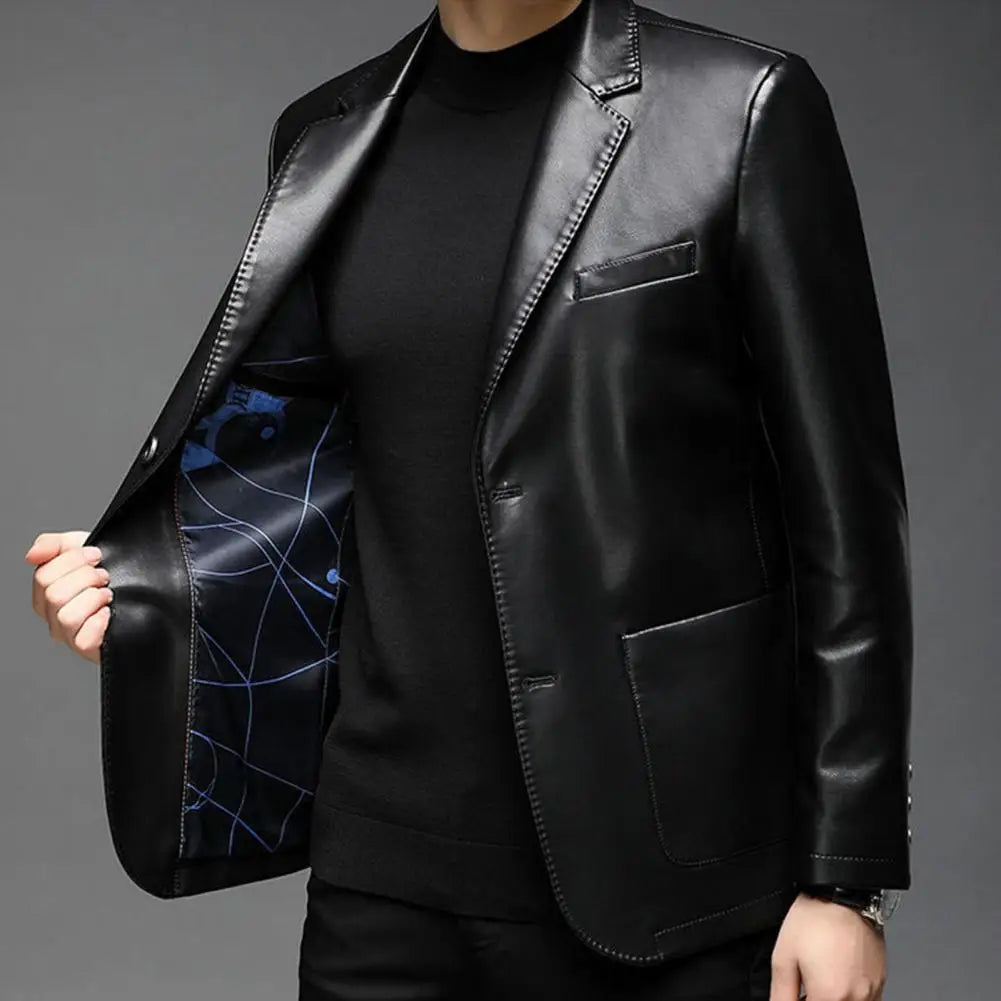 Men Jacket with Button Decoration Long-lasting Wear Men Jacket Stylish Lapel Collar Men's Leather Jacket