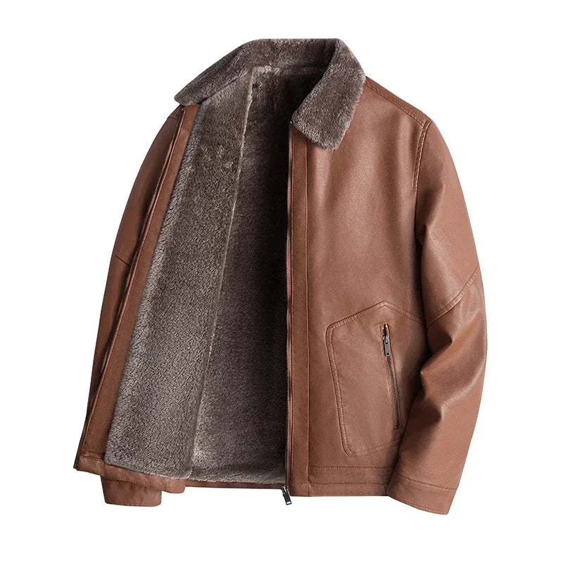 Chaqueta de cuero de negocios informal para hombre, abrigo de motociclista de polar grueso y cálido
