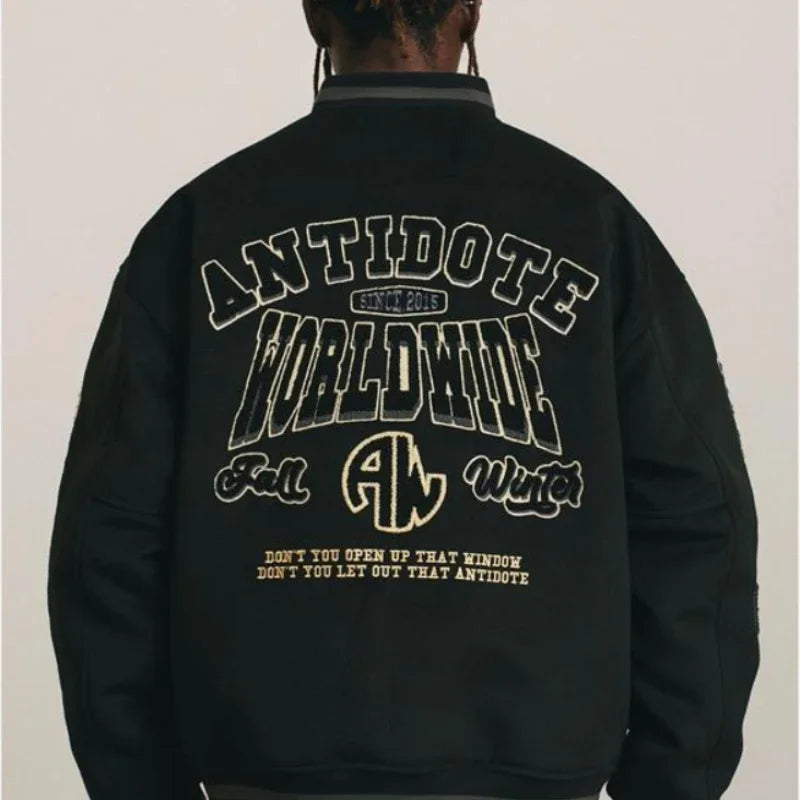 Mens Baseball Jacket Flocked Embroidery Stand Vintage Bomber Jackets High Street Loose Coat Couple Streetwear Spring Autumn New