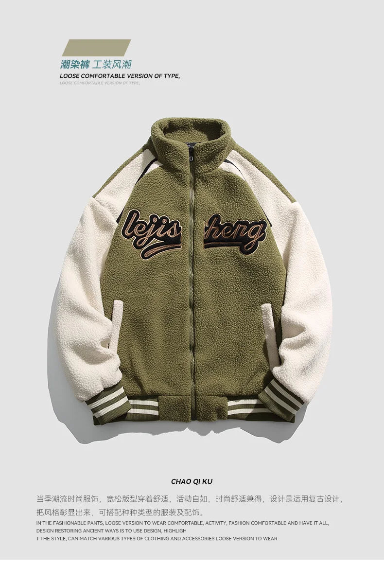 Unisex Lamb Wool Cargo Coat Men Women Cashmere Fleece Baseball Jacket Teen Couple Warm Clothing 2024 Boy Girls Varsity Techwear