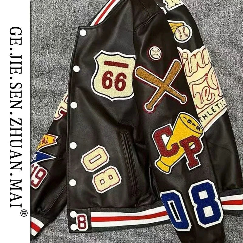 Baseball uniform Y2K men's spring and autumn retro trend leather jacket ins heavy industry embroidery white short coat hot sale