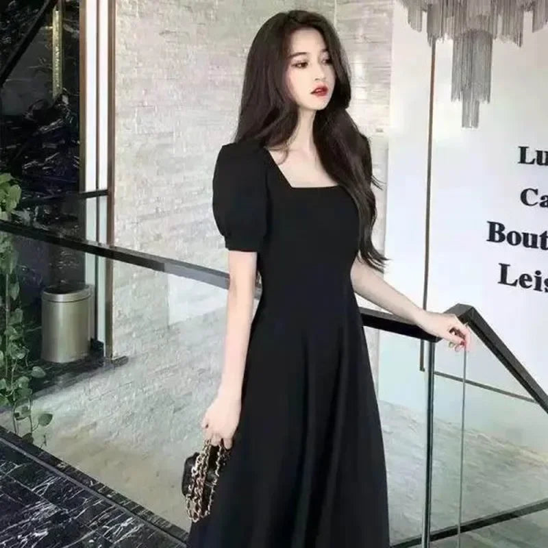 Slim Fit Women White Dress Bubble Sleeve Square Neck Light Wind Style Long Skirt Summer Casual Korean Style dresses for women