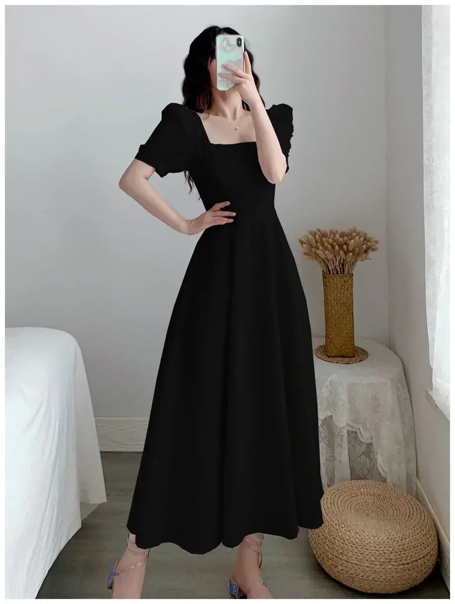 Slim Fit Women White Dress Bubble Sleeve Square Neck Light Wind Style Long Skirt Summer Casual Korean Style dresses for women
