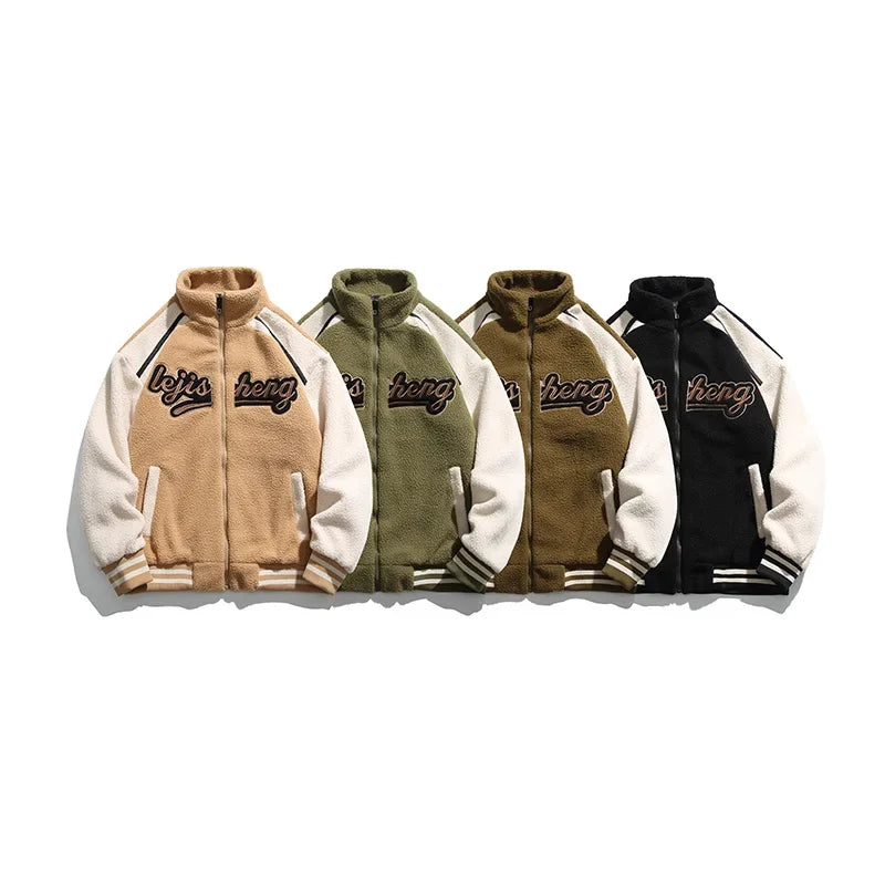 Unisex Lamb Wool Cargo Coat Men Women Cashmere Fleece Baseball Jacket Teen Couple Warm Clothing 2024 Boy Girls Varsity Techwear
