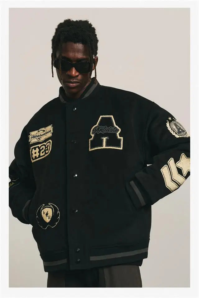 Mens Baseball Jacket Flocked Embroidery Stand Vintage Bomber Jackets High Street Loose Coat Couple Streetwear Spring Autumn New