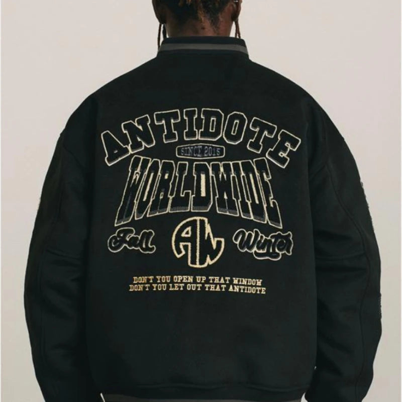 Mens Baseball Jacket Flocked Embroidery Stand Vintage Bomber Jackets High Street Loose Coat Couple Streetwear Spring Autumn New