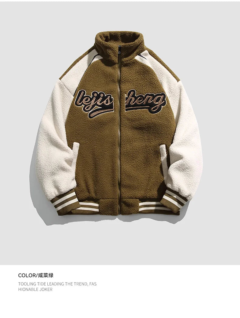 Unisex Lamb Wool Cargo Coat Men Women Cashmere Fleece Baseball Jacket Teen Couple Warm Clothing 2024 Boy Girls Varsity Techwear