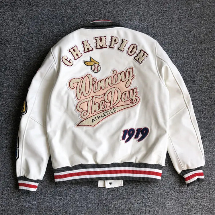 Baseball uniform Y2K men's spring and autumn retro trend leather jacket ins heavy industry embroidery white short coat hot sale