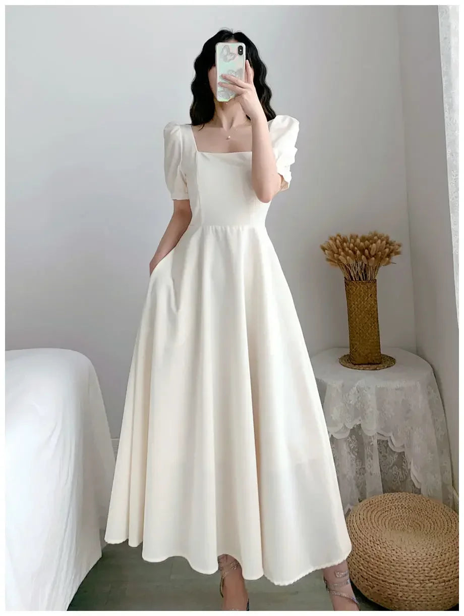 Slim Fit Women White Dress Bubble Sleeve Square Neck Light Wind Style Long Skirt Summer Casual Korean Style dresses for women