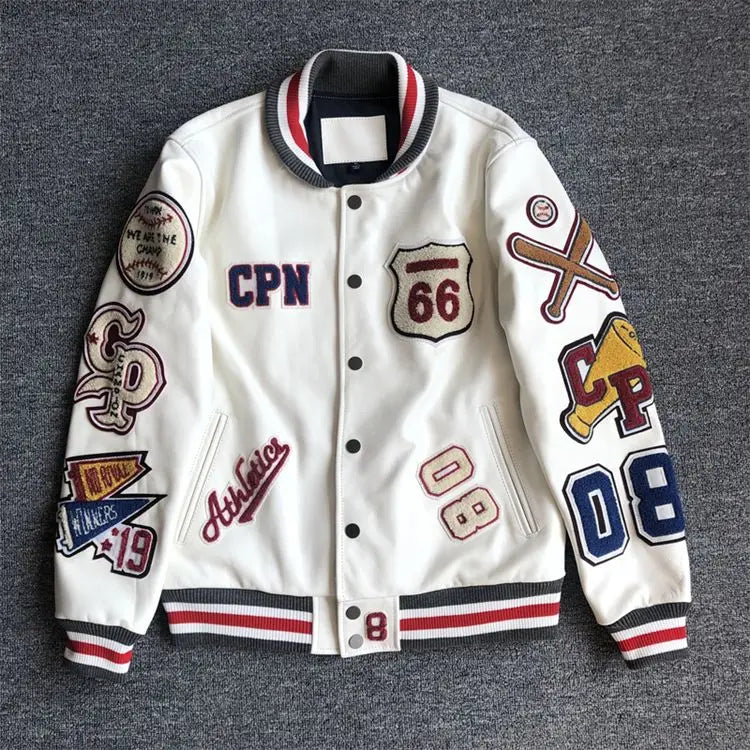 Baseball uniform Y2K men's spring and autumn retro trend leather jacket ins heavy industry embroidery white short coat hot sale