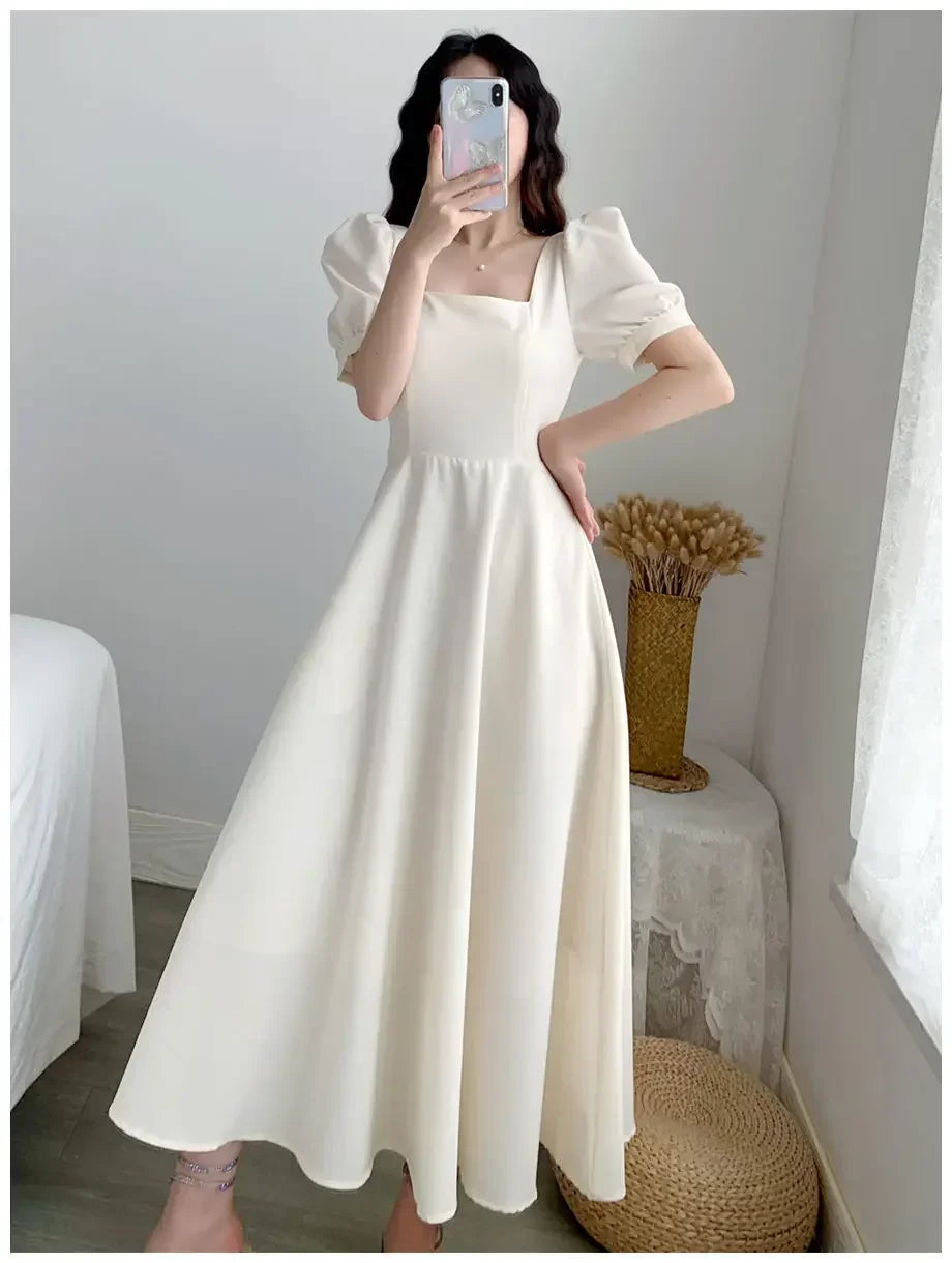 Slim Fit Women White Dress Bubble Sleeve Square Neck Light Wind Style Long Skirt Summer Casual Korean Style dresses for women