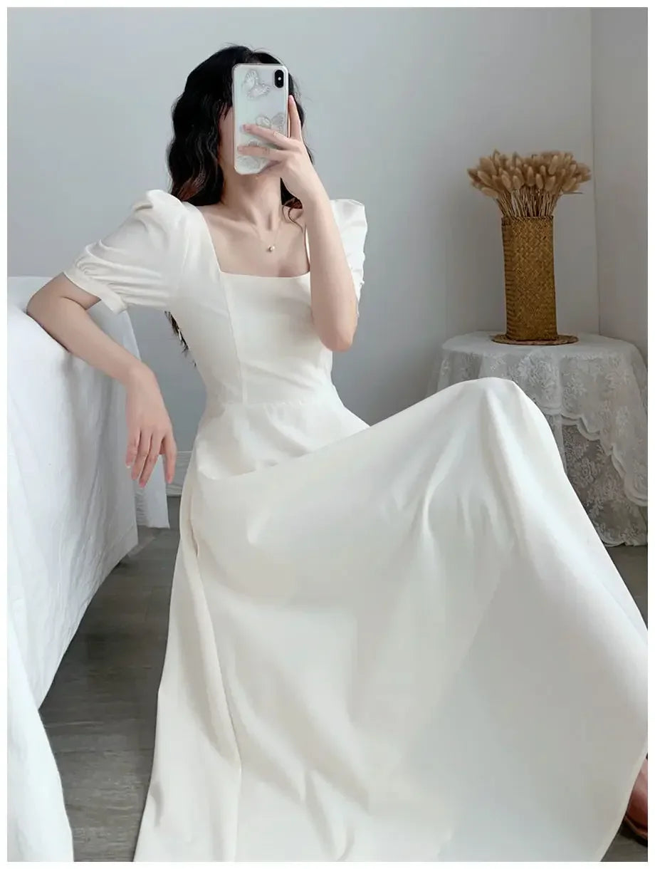 Slim Fit Women White Dress Bubble Sleeve Square Neck Light Wind Style Long Skirt Summer Casual Korean Style dresses for women