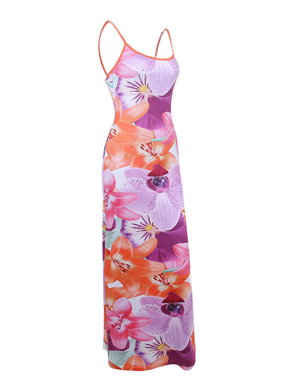Women Floral Slip Long Dress Spaghetti Strap Flower Print Cami Maxi Dress Y2k Backless Bodycon Boho Sundress