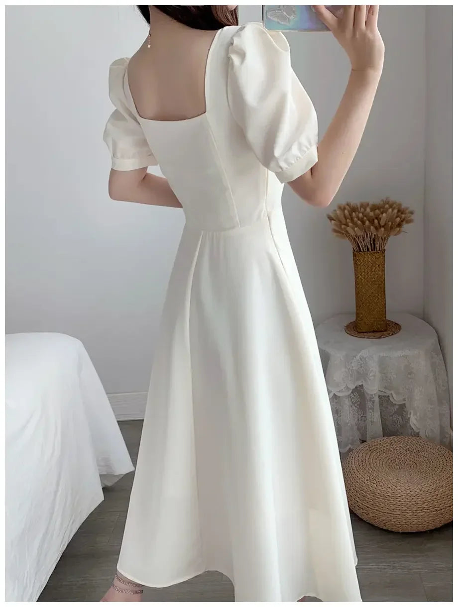 Slim Fit Women White Dress Bubble Sleeve Square Neck Light Wind Style Long Skirt Summer Casual Korean Style dresses for women