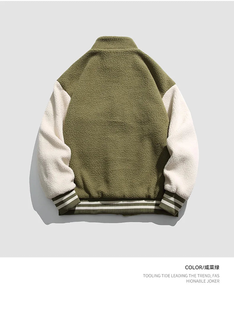 Unisex Lamb Wool Cargo Coat Men Women Cashmere Fleece Baseball Jacket Teen Couple Warm Clothing 2024 Boy Girls Varsity Techwear