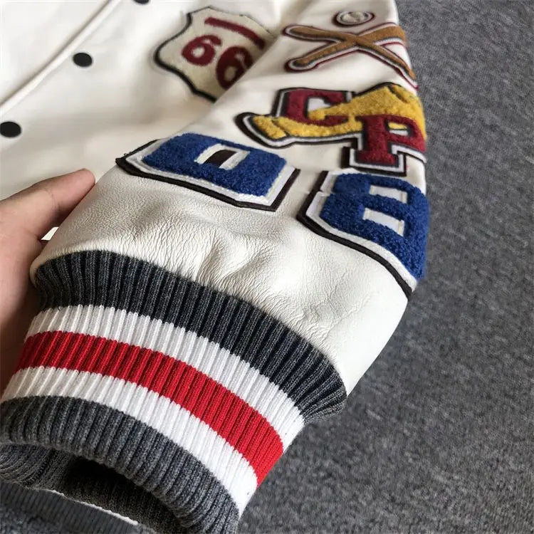 Baseball uniform Y2K men's spring and autumn retro trend leather jacket ins heavy industry embroidery white short coat hot sale